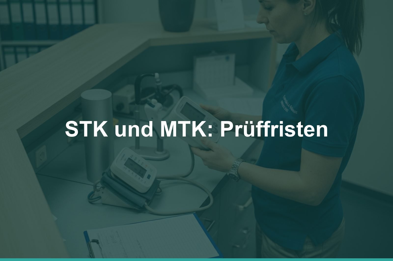 Technikerin prüft an einem Praxistresen ein Blutdruckmessgerät, daneben ein Prüfprotokoll auf dem Klemmbrett, mit Schriftzug „STK und MTK: Prüffristen“, KI-generiert