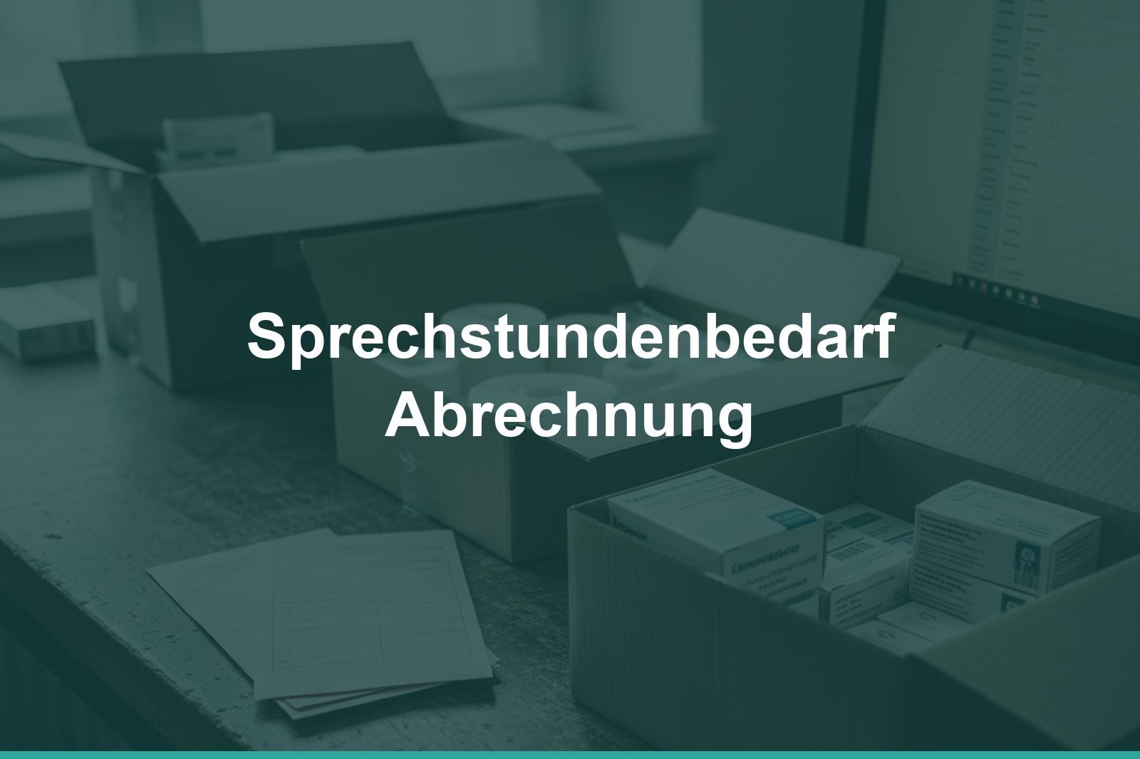 Geöffnete Kartons mit Verbandmaterial, ausgefüllte Formulare und ein Bildschirm mit Liste auf einem Packtisch, mit Schriftzug „Sprechstundenbedarf Abrechnung“, KI-generiert
