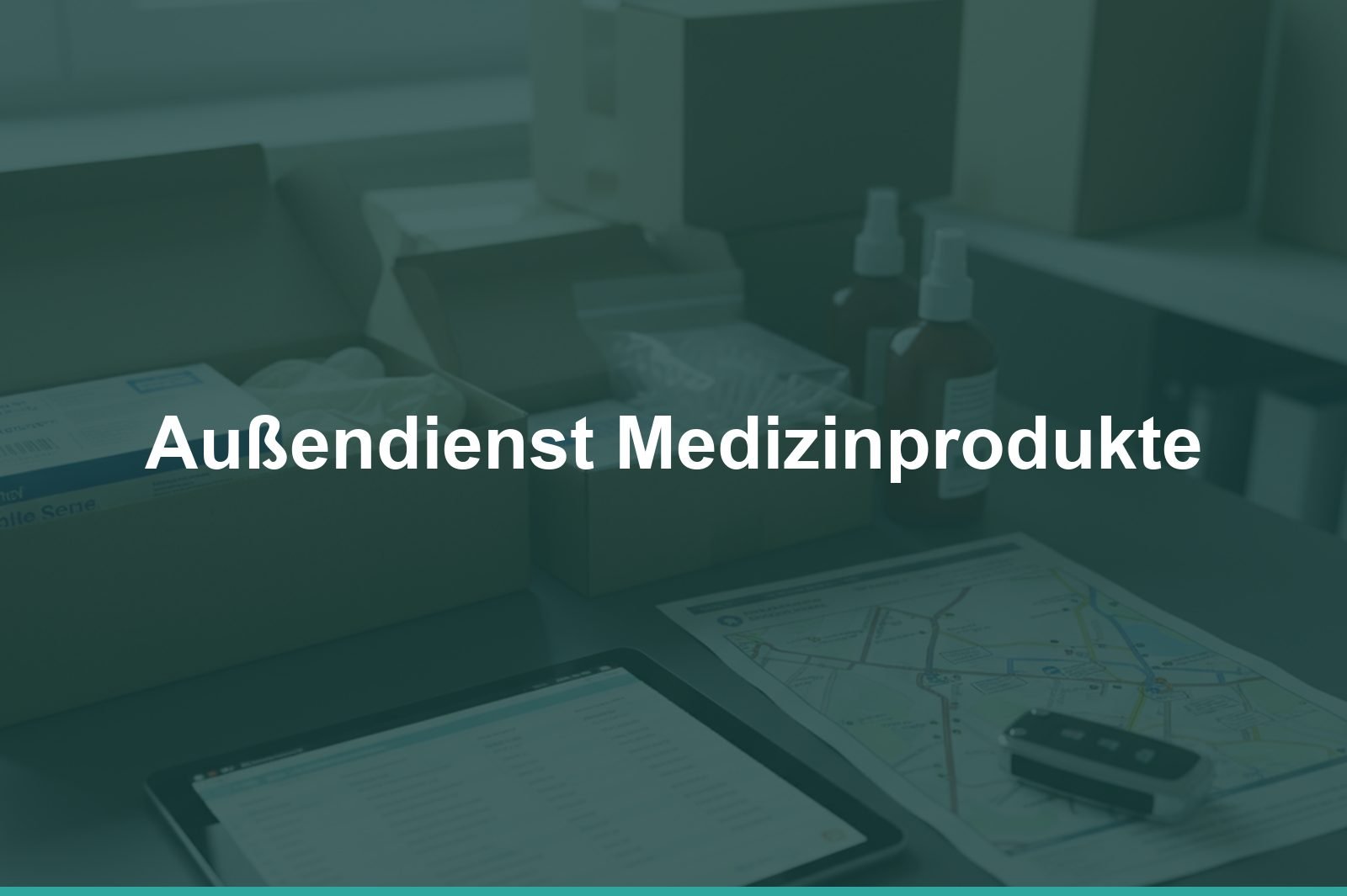 Kartons mit Einmalhandschuhen, Sprühflaschen, ein Tablet mit Liste, eine Straßenkarte und ein Autoschlüssel auf einem Schreibtisch, mit Schriftzug „Außendienst Medizinprodukte“, KI-generiert